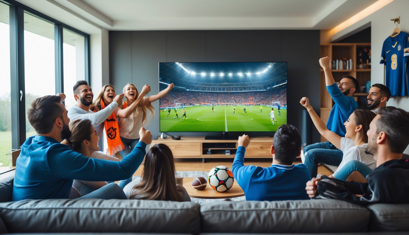 Sekelompok penggemar sepak bola sedang menonton pertandingan sepak bola secara antusias di ruang tamu modern.