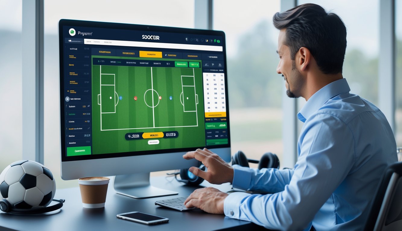 Seseorang sedang menggunakan komputer dengan tampilan taruhan sepak bola online di meja kerja yang rapi.