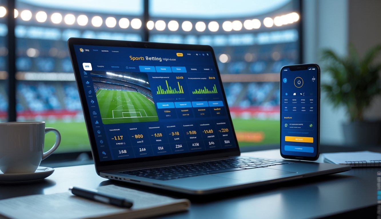 Seorang pengguna mengakses situs taruhan bola online di laptop dan ponsel dengan latar belakang stadion sepak bola yang ramai.