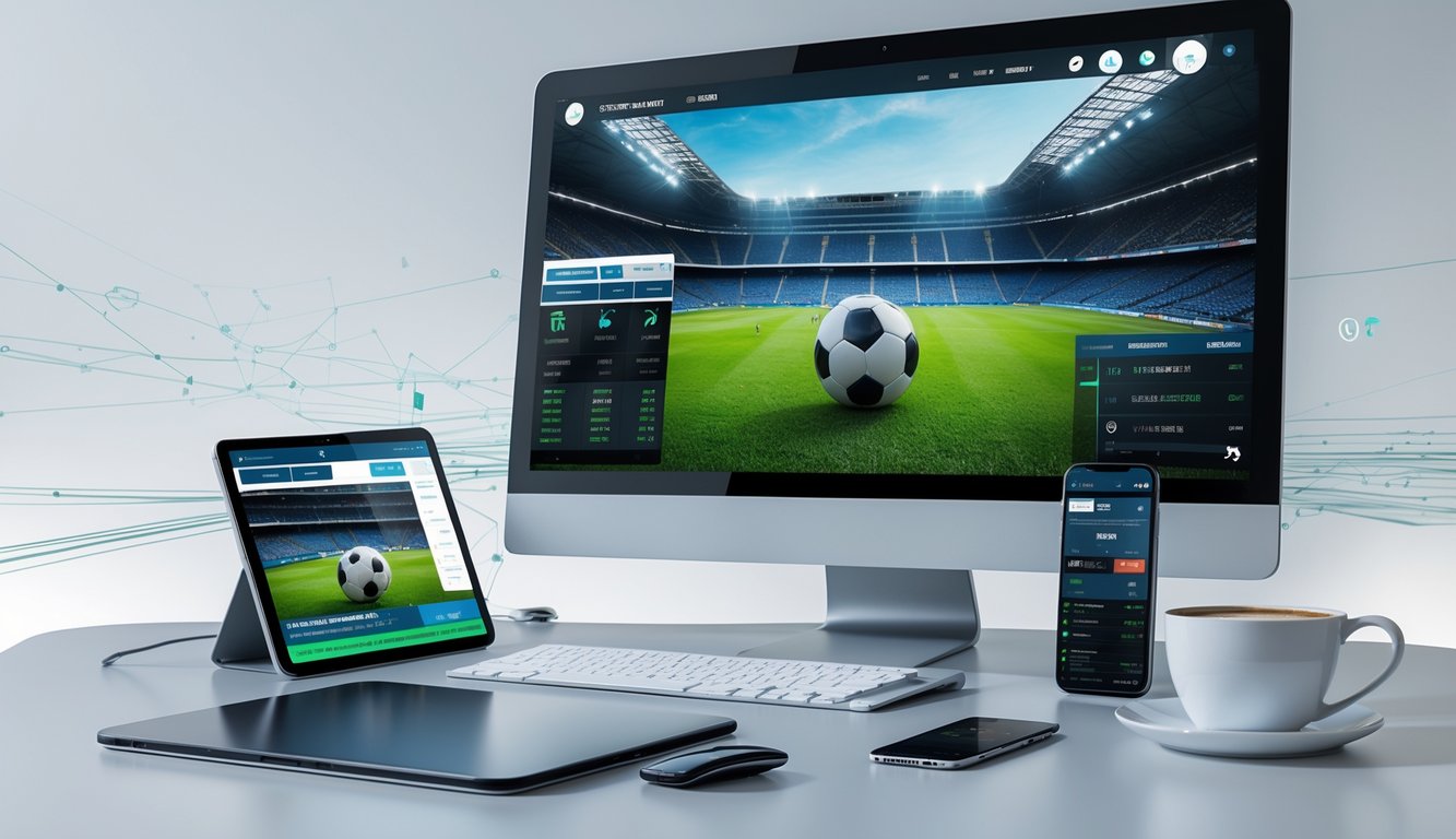 Meja kerja modern dengan komputer yang menampilkan pertandingan sepak bola, smartphone dan tablet dengan aplikasi taruhan dan skor langsung, suasana nyaman dan profesional.