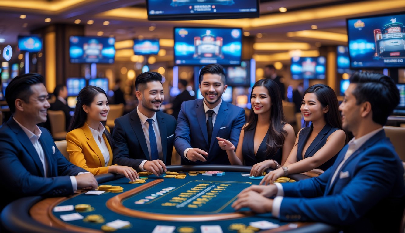 Seorang dealer kasino yang ramah berinteraksi dengan pemain di meja permainan langsung di dalam kasino modern.