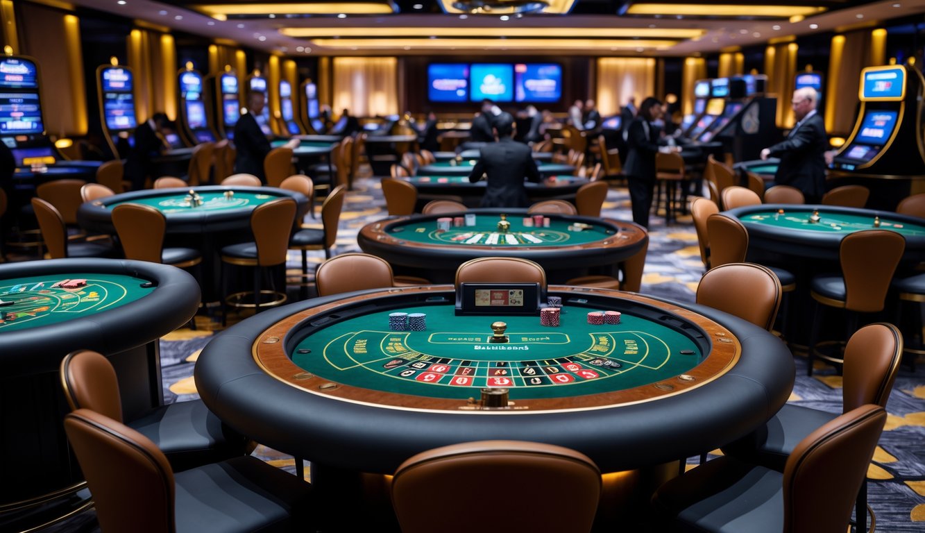 Suasana kasino langsung modern dengan beberapa meja permainan berbeda dan dealer profesional yang melayani pemain.