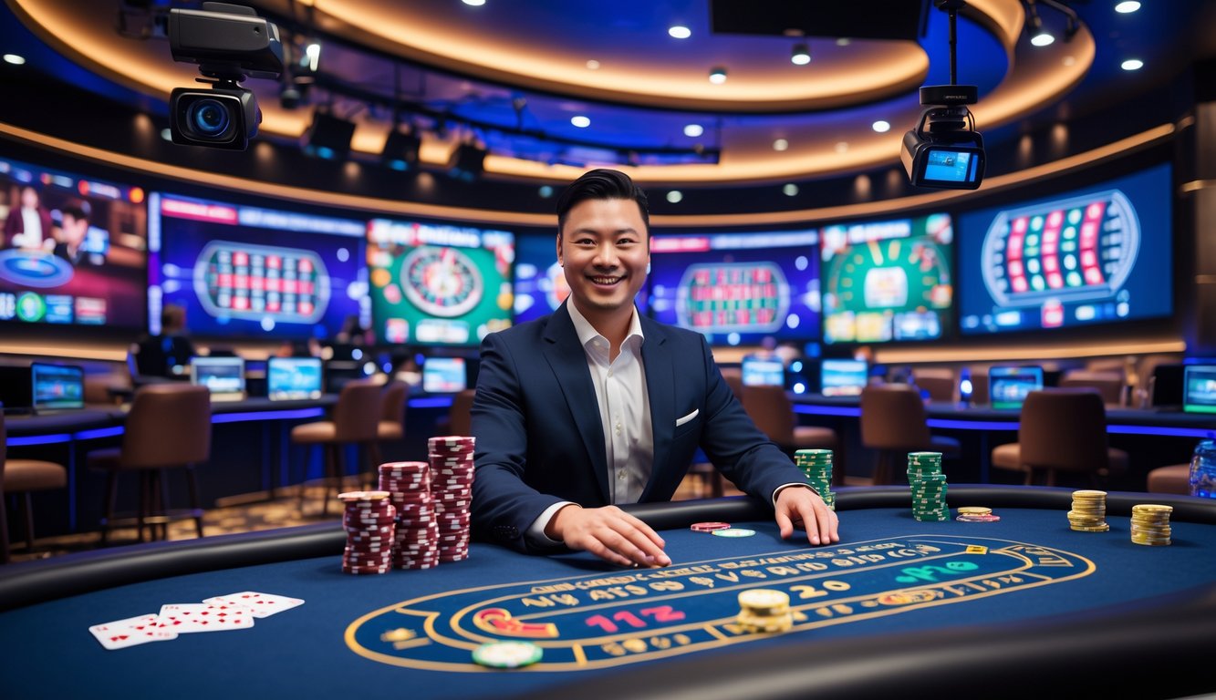 Seorang dealer casino profesional sedang membagikan kartu di studio casino dengan layar besar menampilkan permainan casino langsung.