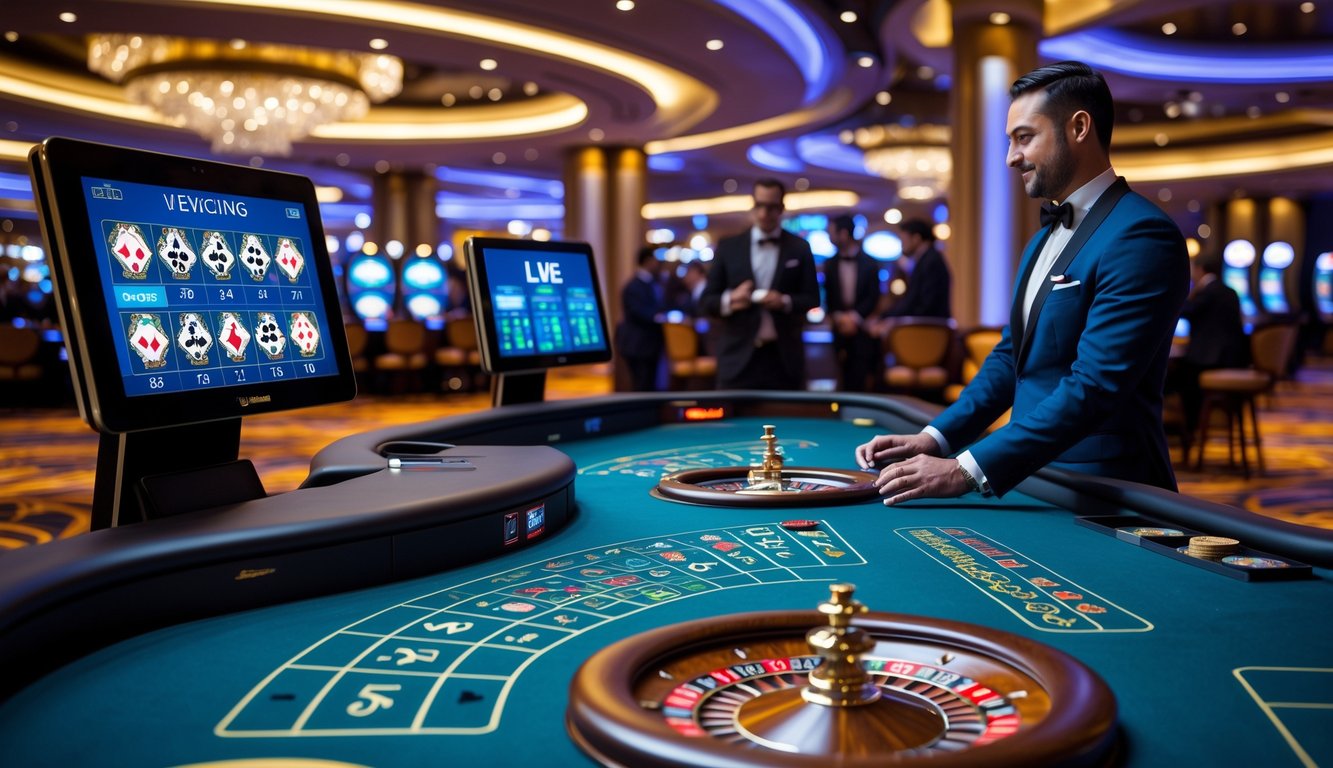 Seorang dealer profesional di meja permainan kasino dengan layar digital menampilkan permainan langsung dan pemain yang memperhatikan permainan.