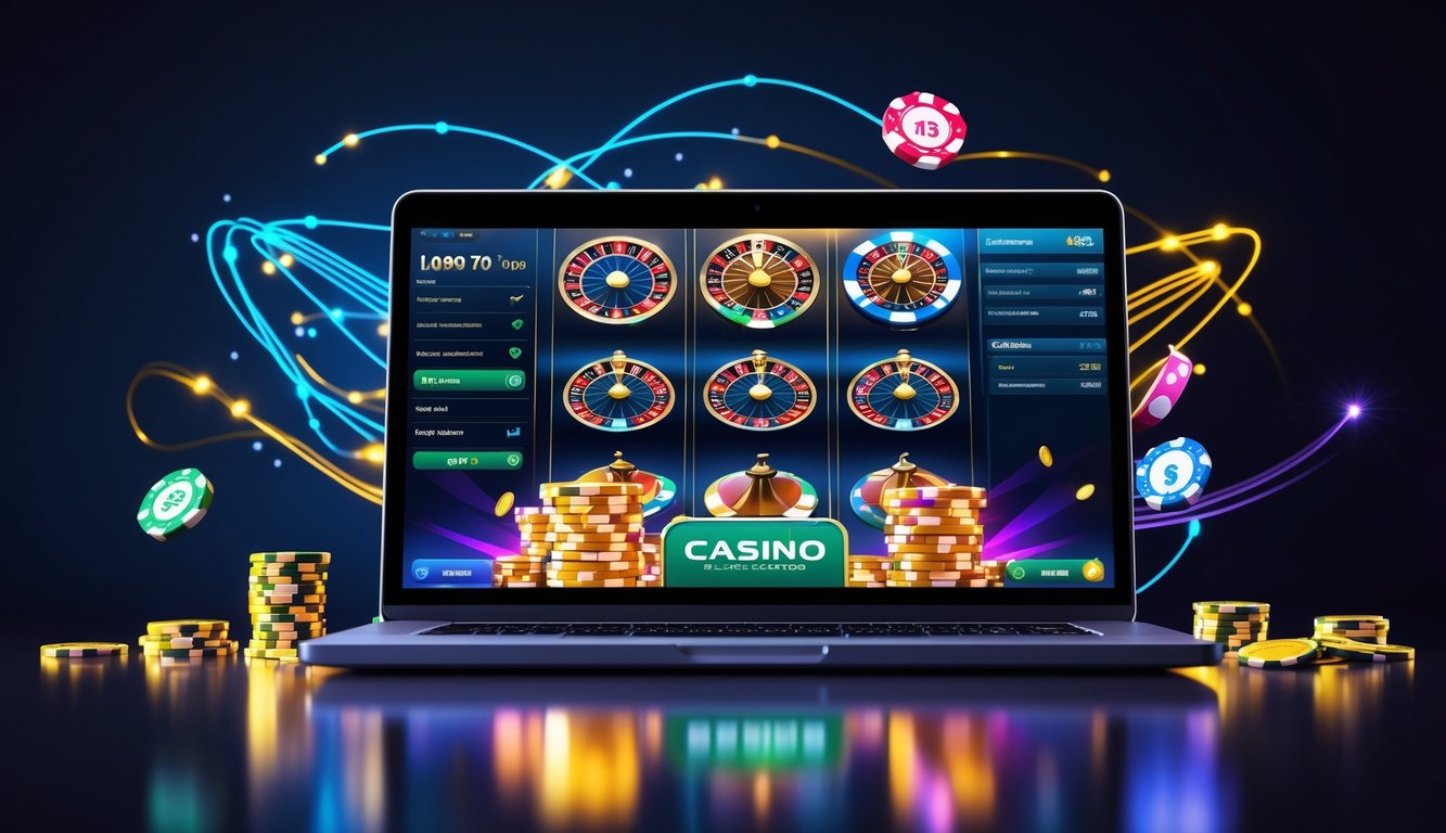 Sebuah komputer menampilkan permainan kasino langsung dengan elemen permainan seperti roda roulette, kartu, dan chip poker dalam suasana modern dan mewah.
