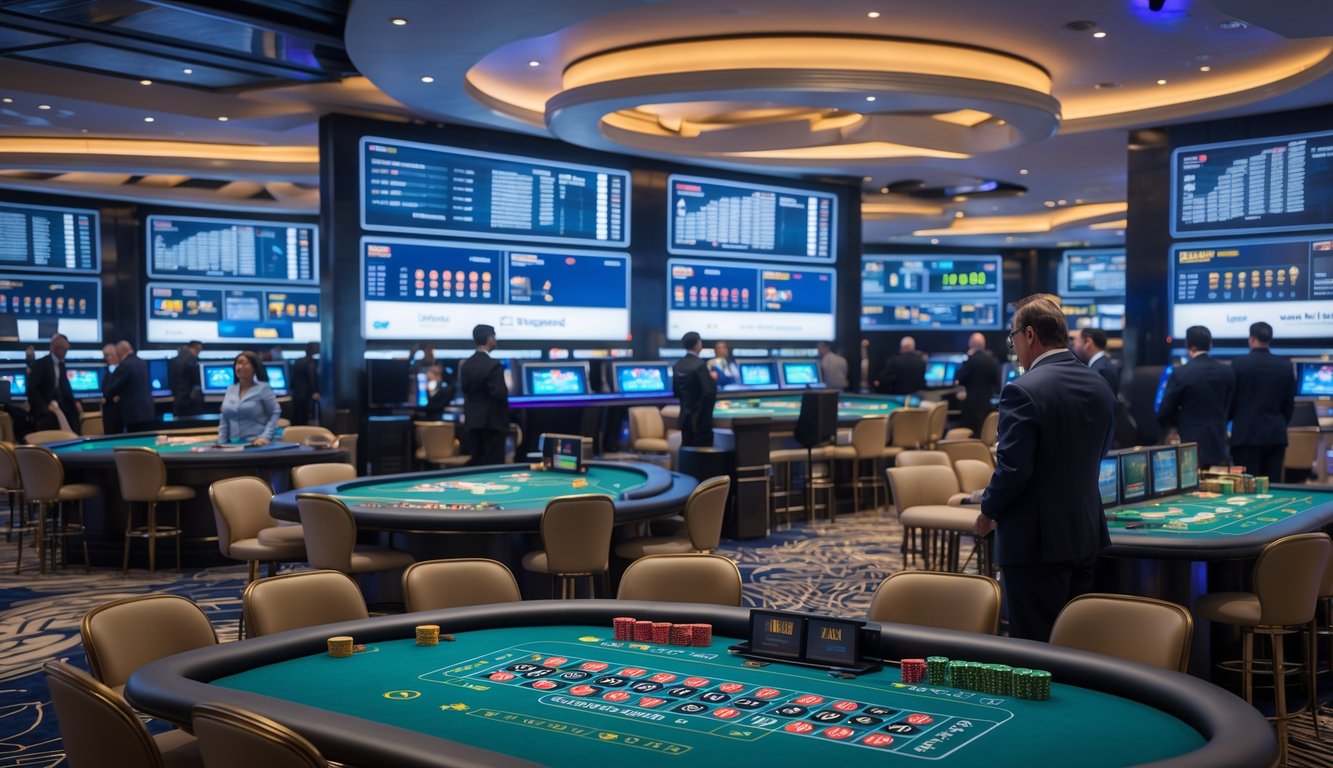 Suasana kasino langsung dengan meja permainan dan layar digital yang menampilkan data sistem secara real-time.