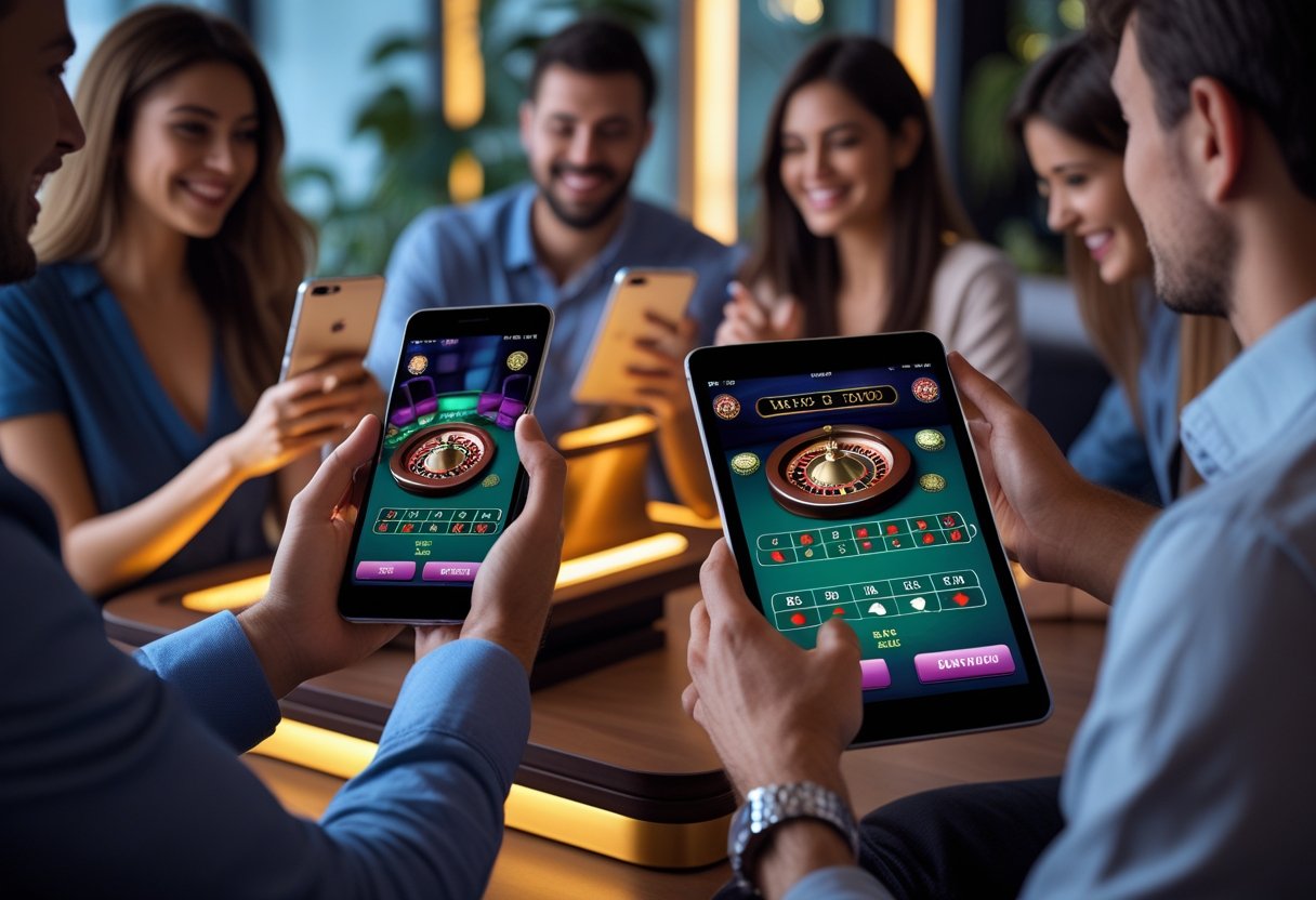 People using smartphones and tablets to play live casino games in a comfortable indoor setting.