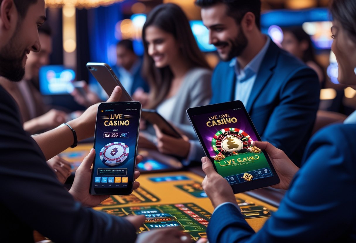 People using smartphones and tablets to play live casino games in a modern setting.