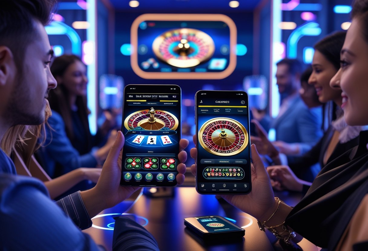People using smartphones and tablets to play live casino games in a modern indoor setting.