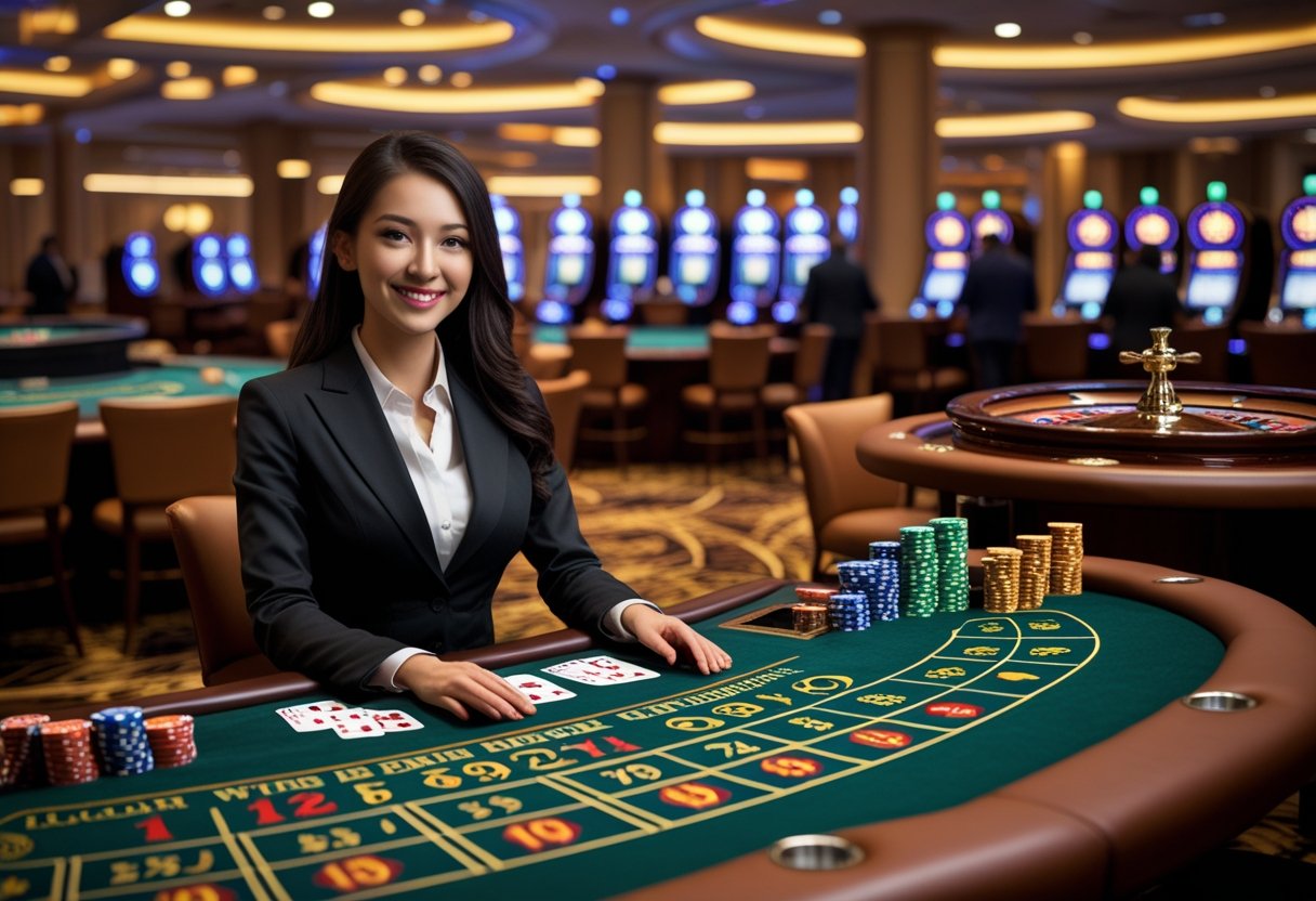A casino scene with a female live dealer at a blackjack table, a spinning roulette wheel, and players at a poker table.