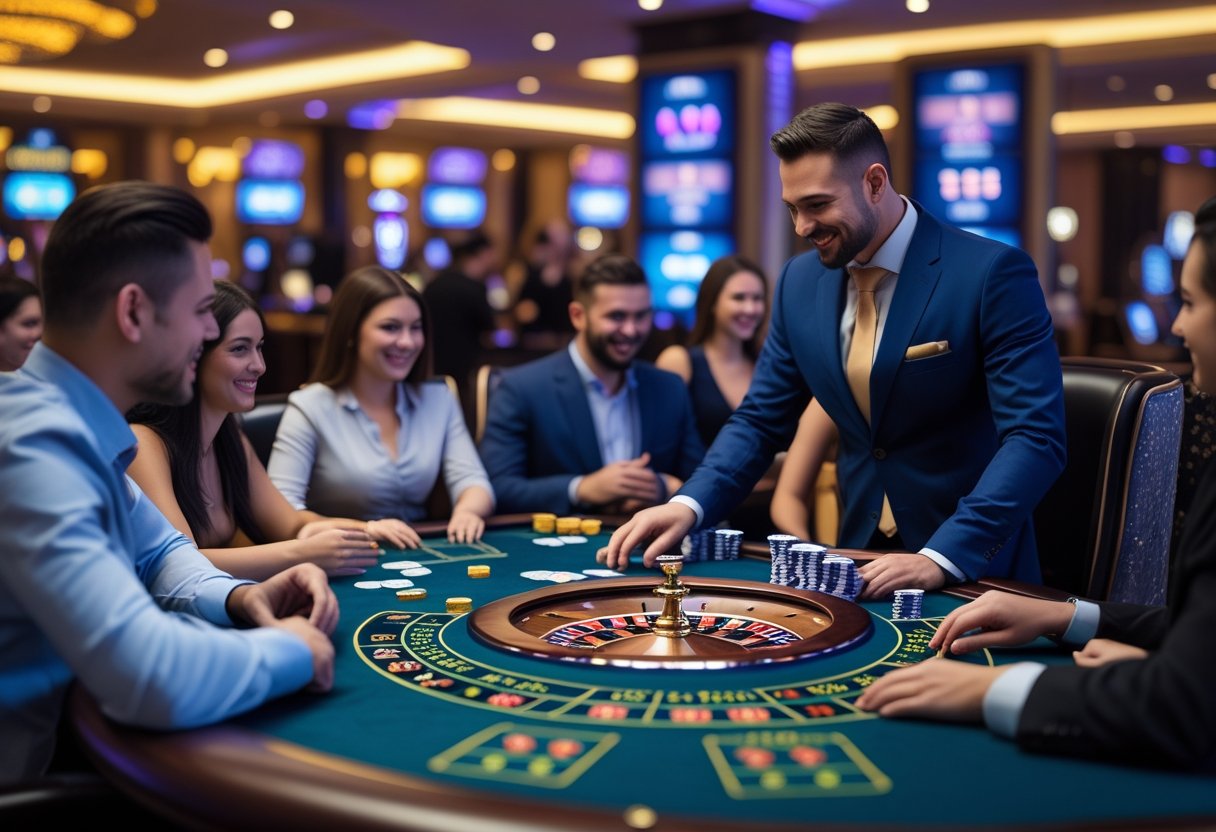 A live dealer hosting a casino game at a table with players engaged in blackjack, baccarat, and roulette.