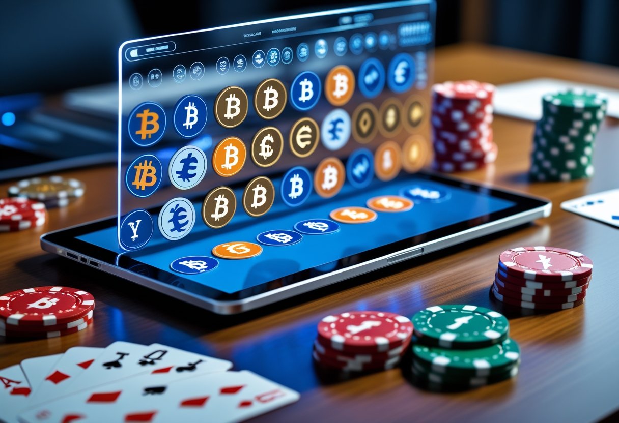 A digital device showing multiple currency symbols next to poker chips, playing cards, and dice on a wooden desk.