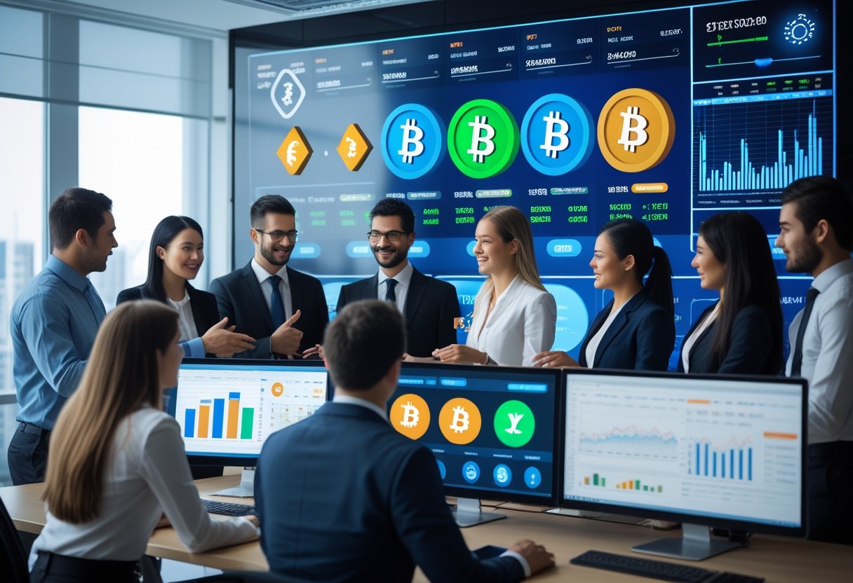 Business professionals in an office analyzing multiple currency symbols and financial data on digital screens related to gambling operations.