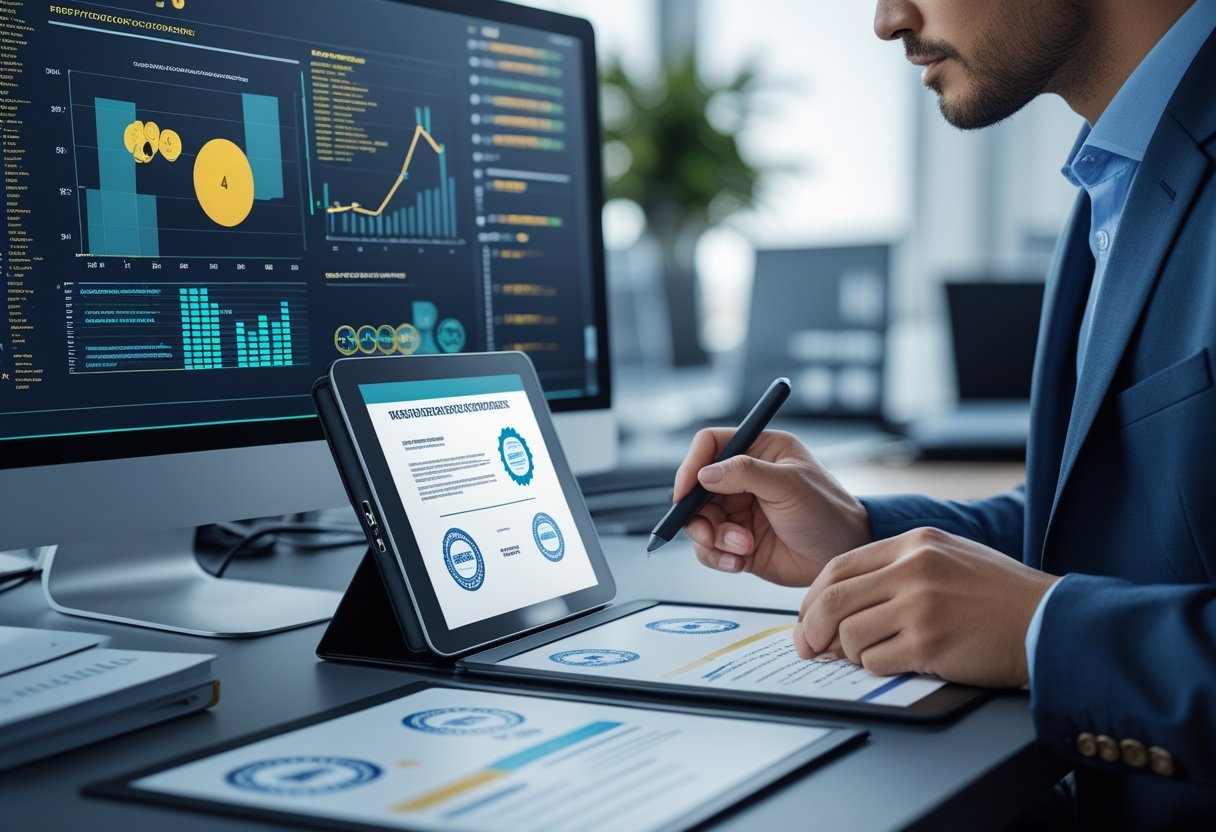 A professional working at a computer analyzing data with certification documents nearby in a modern office setting.