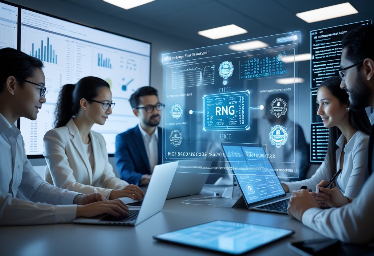 A team of professionals analyzing data on computer screens and a digital interface displaying random number sequences and certification symbols in a modern office.