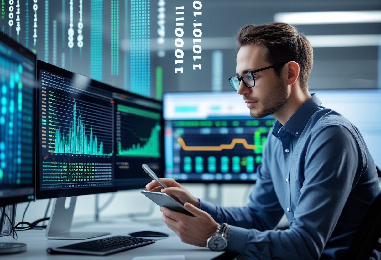An engineer analyzing numerical data on computer screens in a modern office with digital visualizations of randomness in the background.