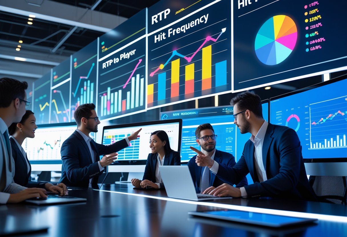 A group of professionals in an office analyzing colorful data charts on digital screens, discussing metrics related to gaming performance.