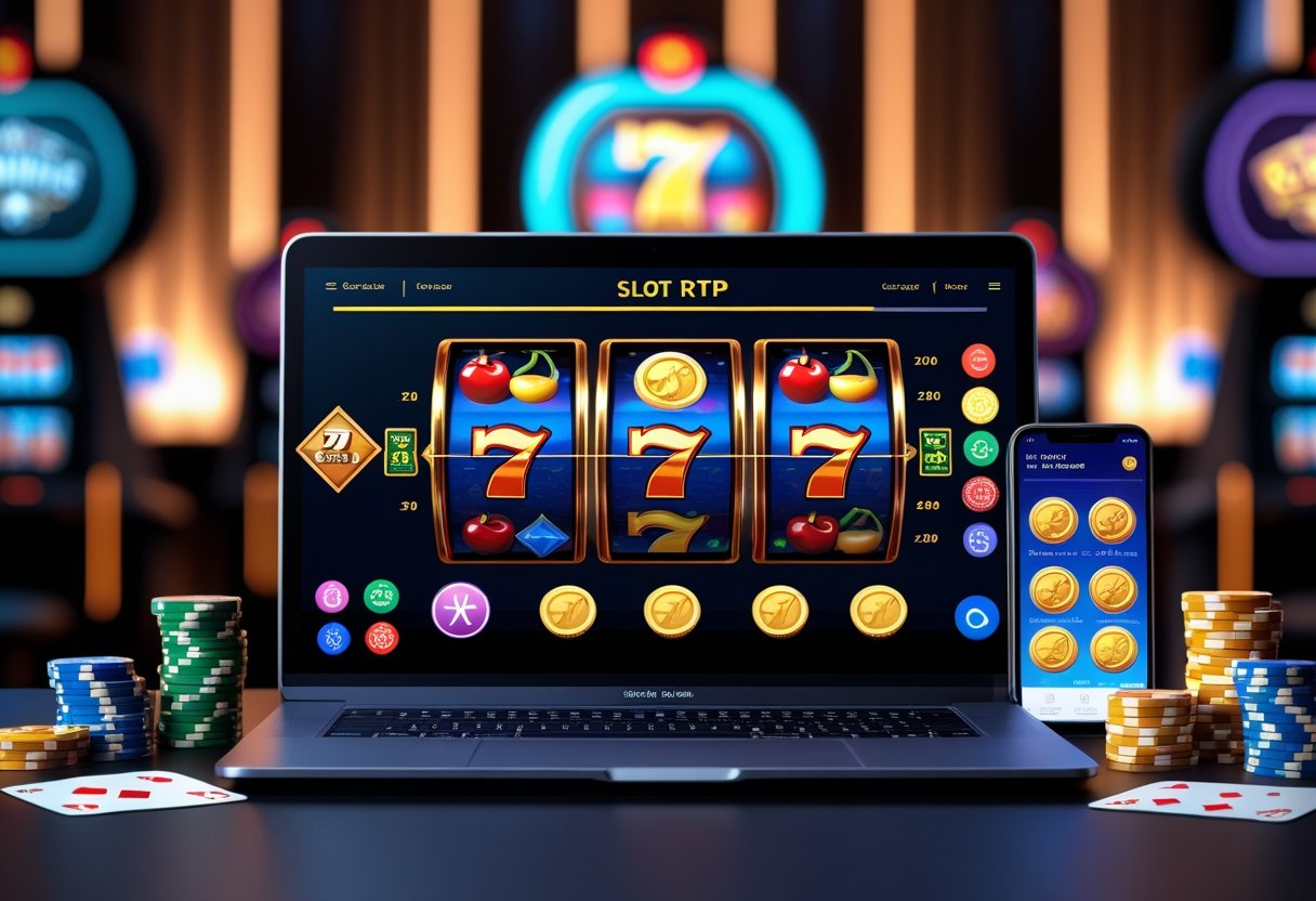 A computer and smartphone displaying colorful slot machine games surrounded by poker chips and playing cards on a table.