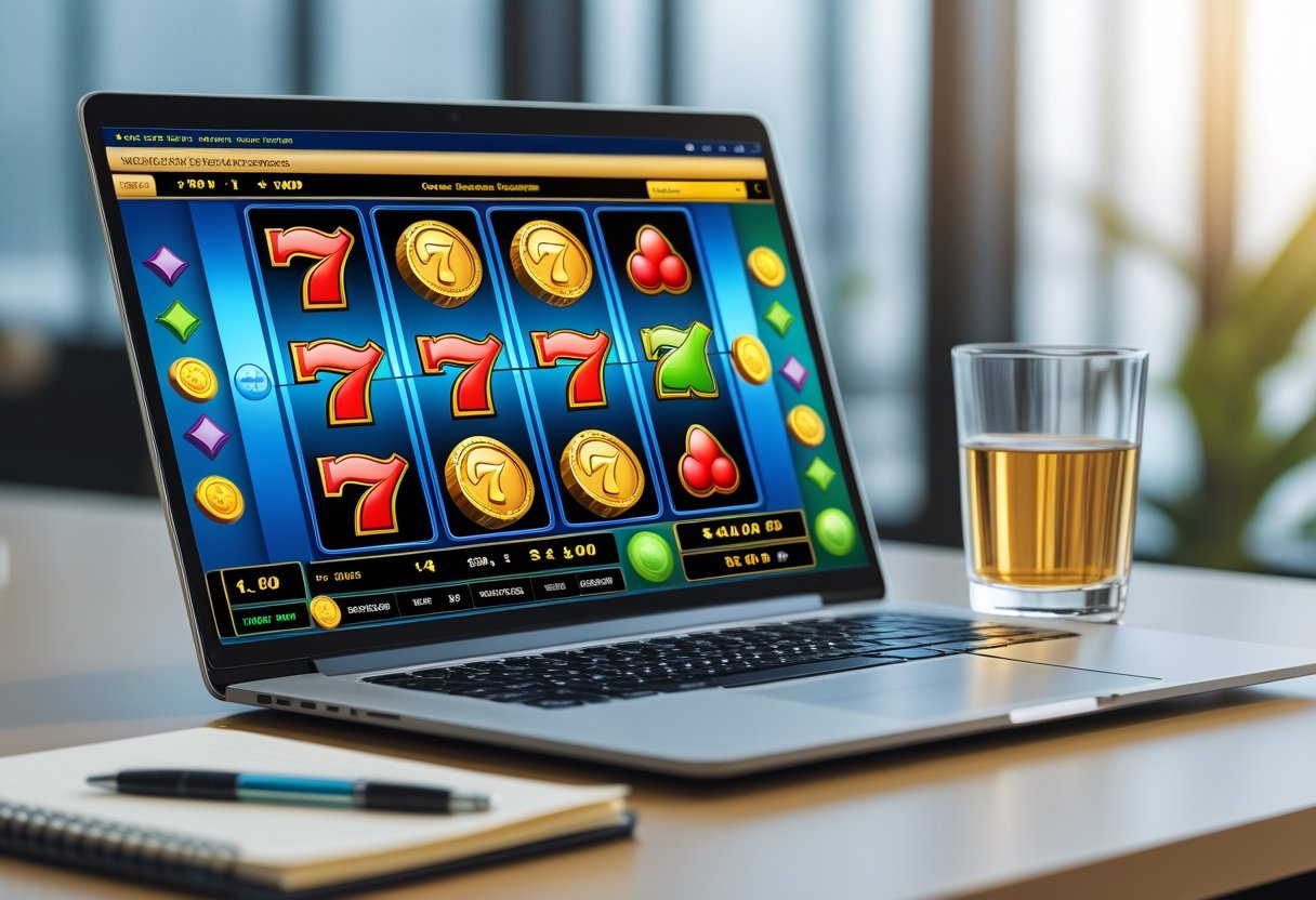 A laptop on a desk showing a colorful online slot machine game, with a glass of coffee and a notepad nearby in a softly lit room.