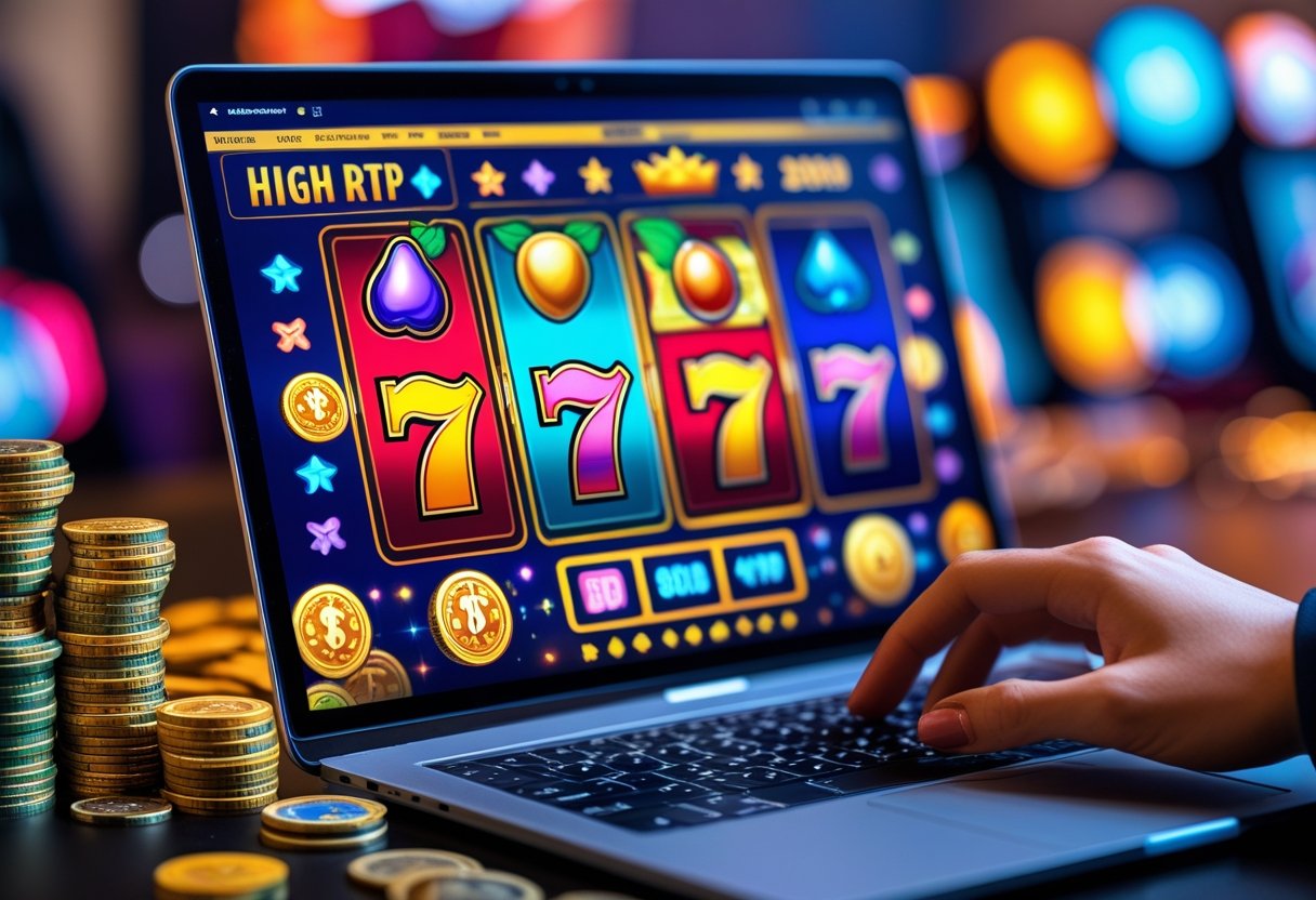A person playing colorful online slot games on a laptop surrounded by casino chips and coins.