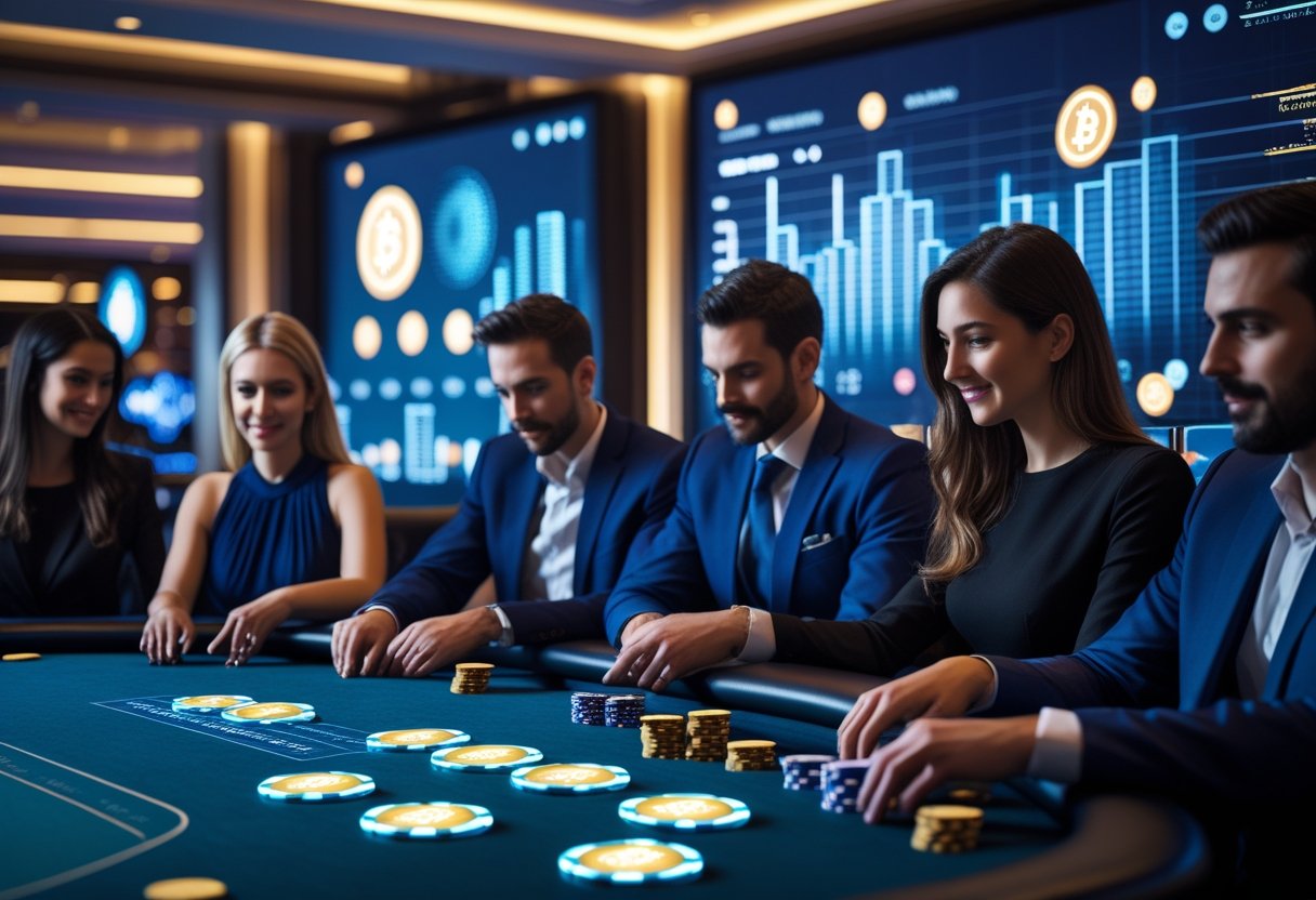 People playing poker at a casino table with digital coin symbols representing stablecoins alongside traditional gambling chips.