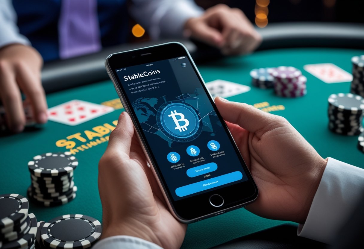 A person holding a smartphone showing a digital wallet with stablecoin icons near a poker table with chips and cards.