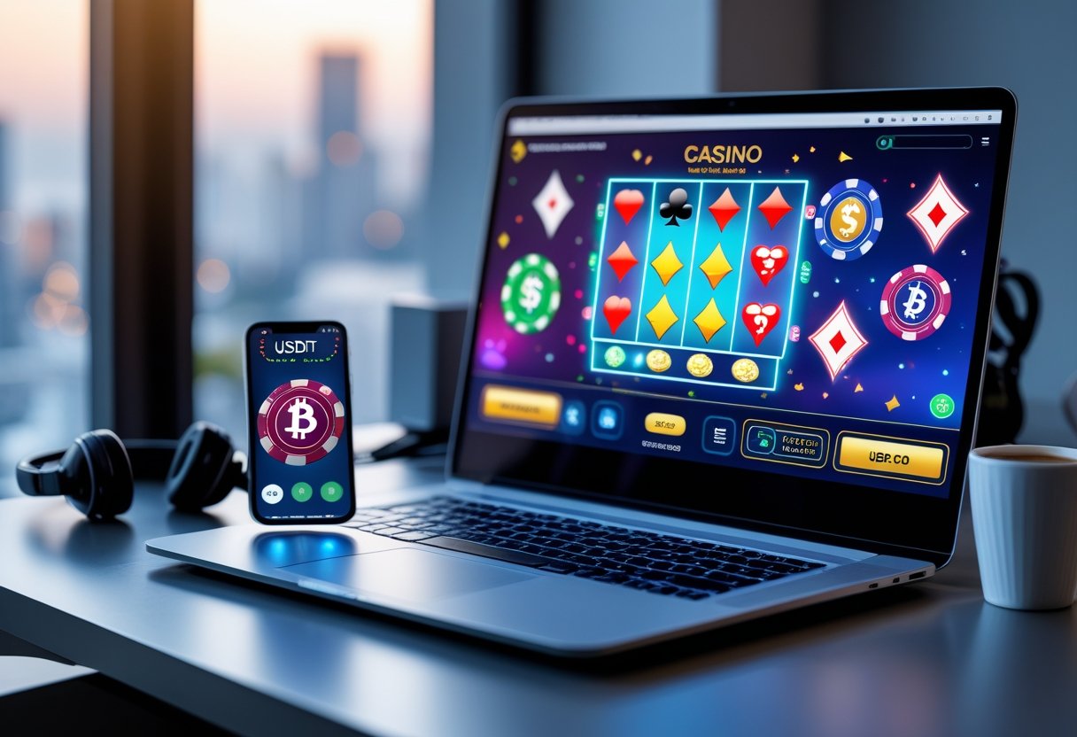 A laptop showing an online casino game next to a smartphone displaying stablecoin icons on a digital wallet app, placed on a desk with tech accessories.