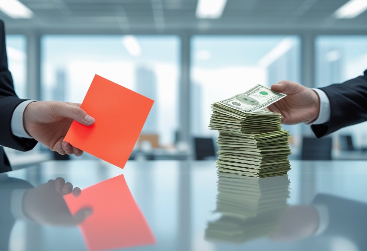Two business people showing one holding a sticky note firmly on a desk and the other holding loose money slipping through their fingers in an office.