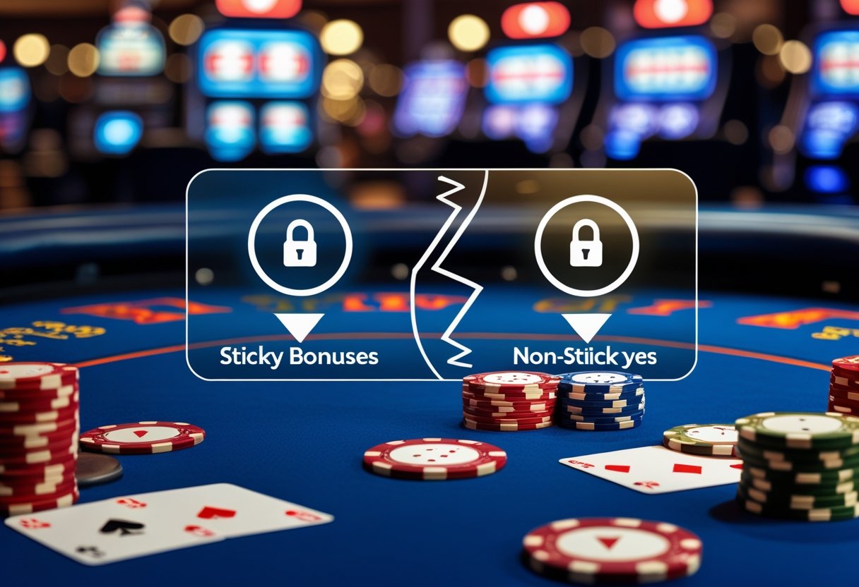 A casino table with poker chips and playing cards, showing visual symbols representing locked and unlocked bonuses.