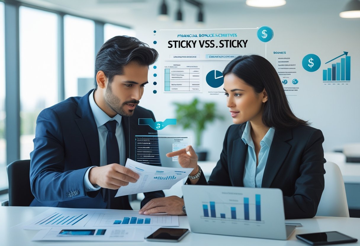 Two business professionals discussing financial documents and charts in a modern office setting.