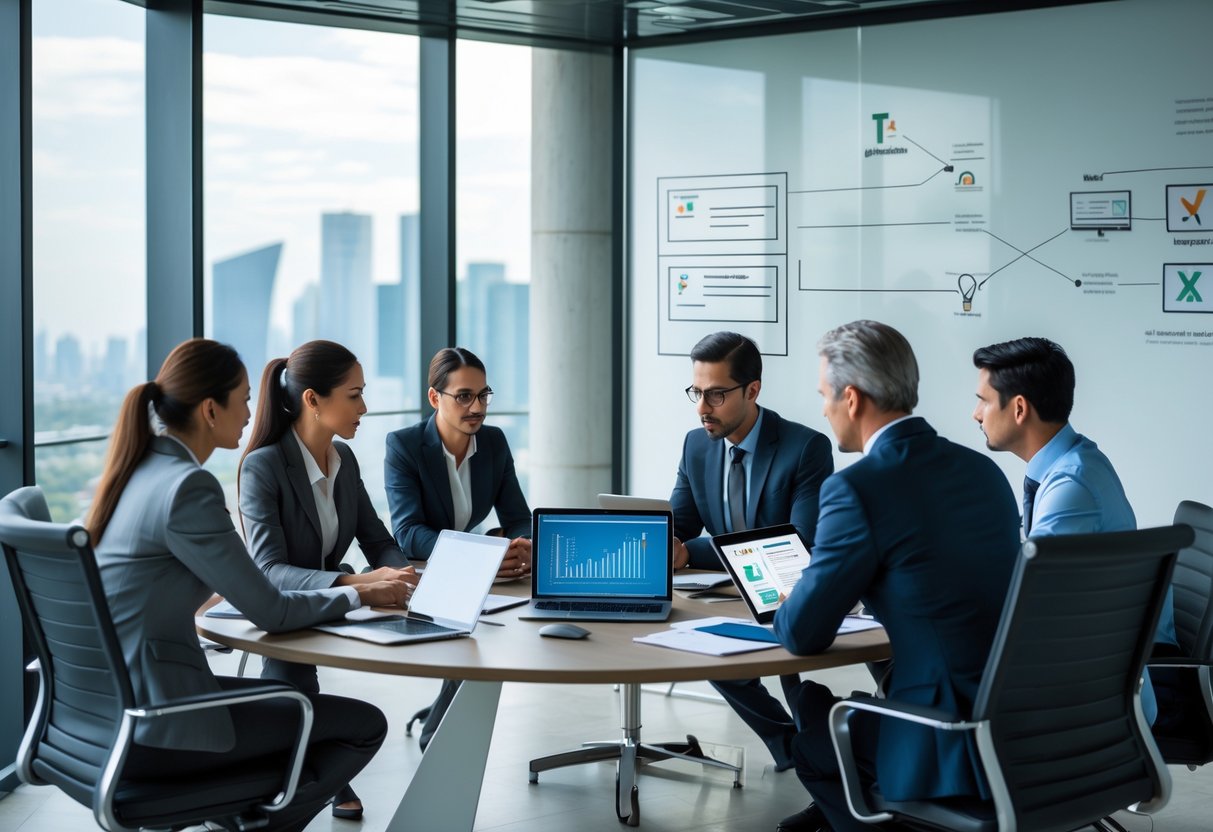 Des professionnels en réunion autour d'une table de conférence avec des documents et des ordinateurs, discutant des limites juridiques de l'intelligence artificielle dans les marchés publics.