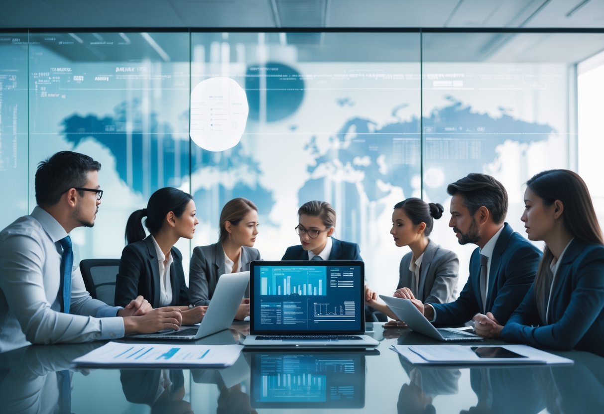 Des professionnels en réunion autour d'une table dans un bureau moderne, discutant des limites de la transparence des décisions d'intelligence artificielle dans les marchés publics.