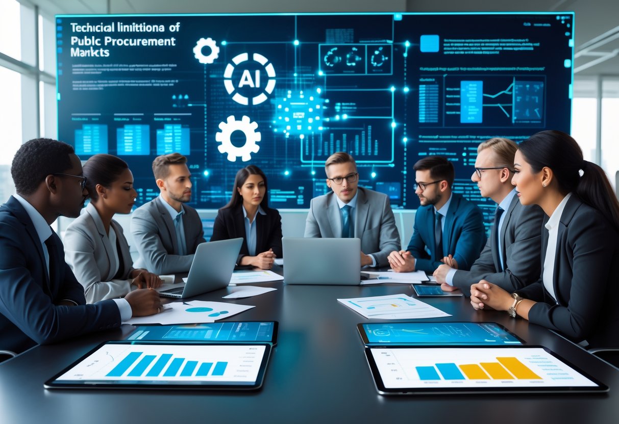 Un groupe de professionnels discutant autour d'une table de conférence avec des ordinateurs et des documents, un écran en arrière-plan montre des graphiques liés à l'IA avec des parties floues pour illustrer les limites techniques.