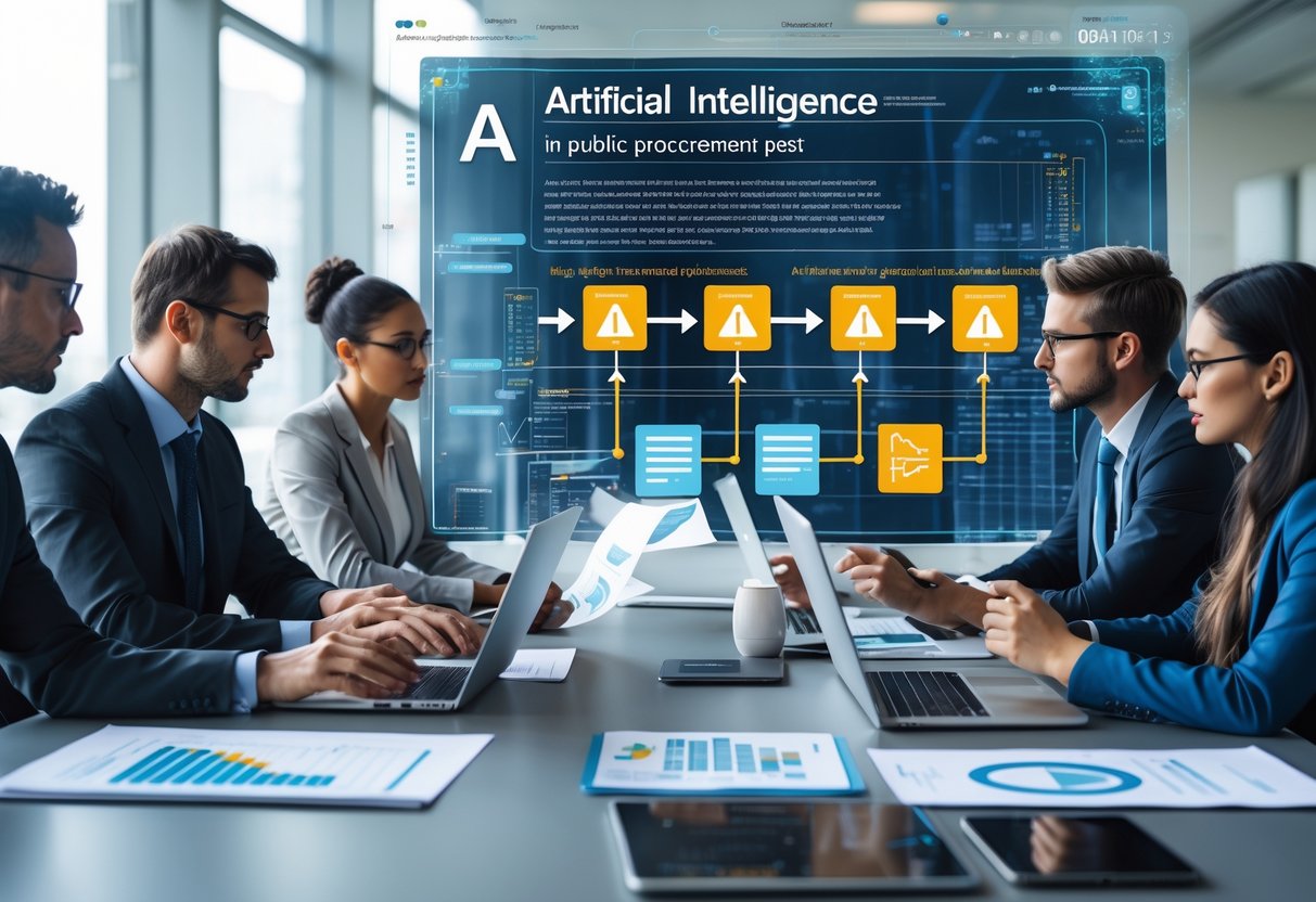 Des professionnels discutant autour d'une table de conférence avec des documents et des écrans numériques montrant des schémas complexes représentant les limites de l'intelligence artificielle dans les marchés publics.