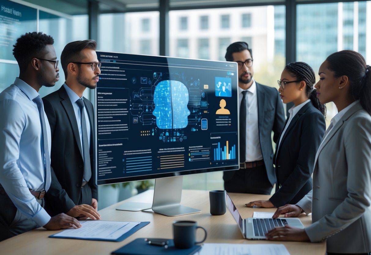 Un groupe divers de professionnels en réunion dans un bureau moderne, examinant des données numériques sur un grand écran, évoquant les risques liés à l’IA dans les marchés publics.