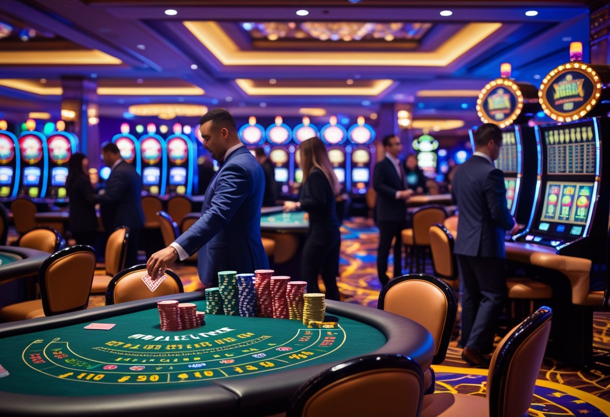 A casino floor with players at blackjack and roulette tables and slot machines in the background.