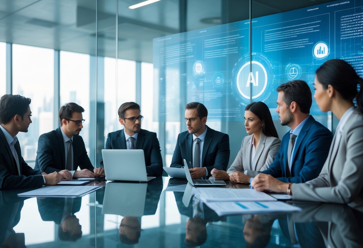Des professionnels en réunion dans un bureau moderne discutant autour d'une table avec des ordinateurs et des documents, avec des éléments numériques évoquant la protection des données et l'intelligence artificielle.