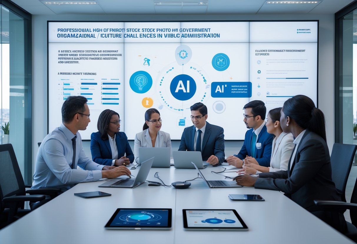 Un groupe de professionnels divers discutant autour d'une table dans un bureau moderne, avec des écrans numériques affichant des données liées à l'intelligence artificielle et aux marchés publics.