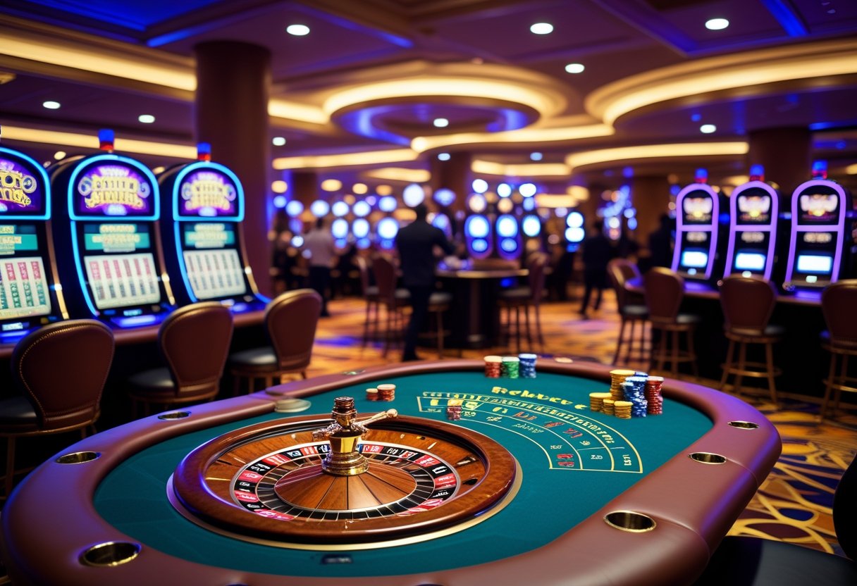 A casino floor showing a roulette wheel, blackjack table, slot machines, and people playing games.