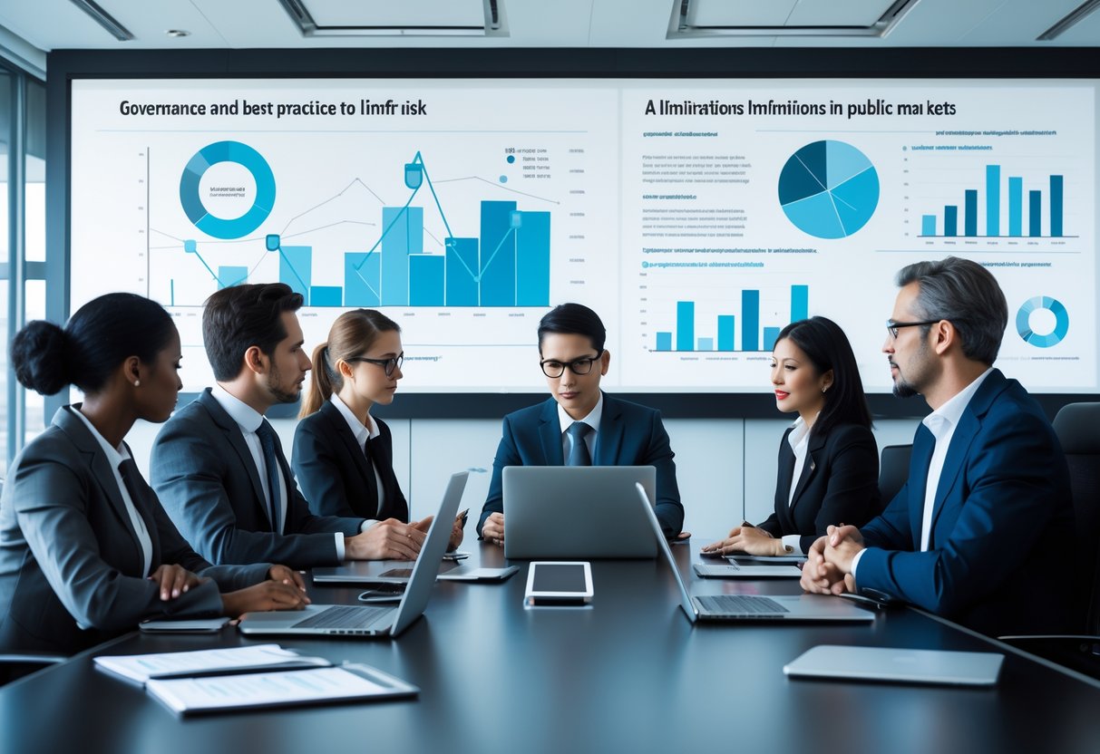 Un groupe de professionnels en réunion dans une salle de conférence moderne, discutant autour d'une table avec des documents et des appareils électroniques.
