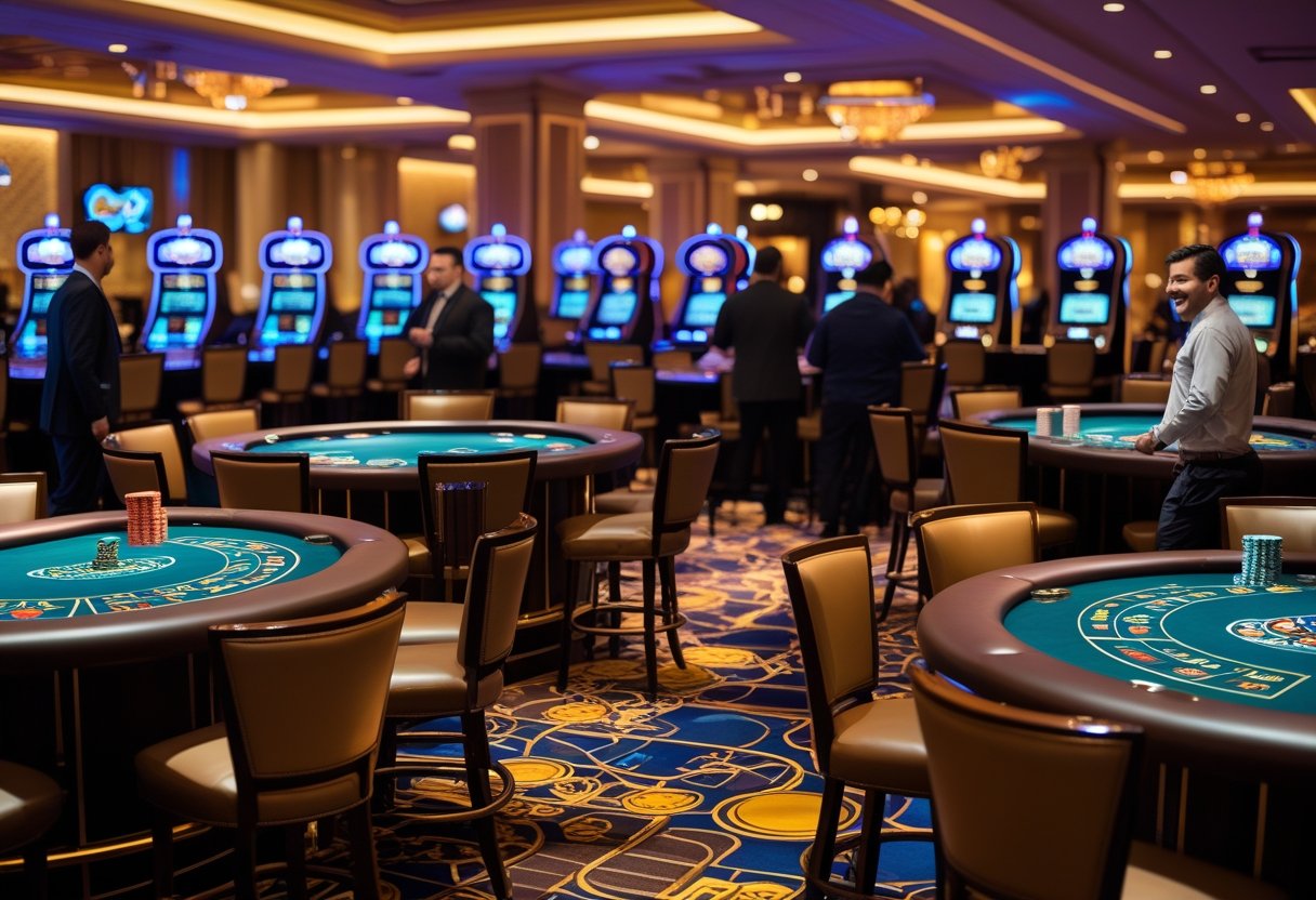 A casino floor with people playing popular table games like blackjack, poker, and roulette at well-lit gaming tables.