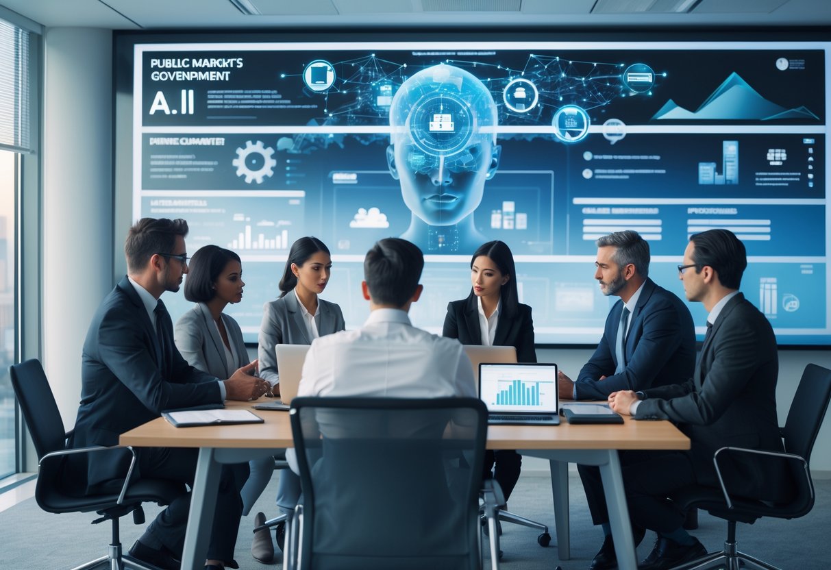 Un groupe de professionnels discutant autour d'une table dans un bureau moderne avec des écrans affichant des graphiques abstraits liés à l'intelligence artificielle et aux marchés publics.