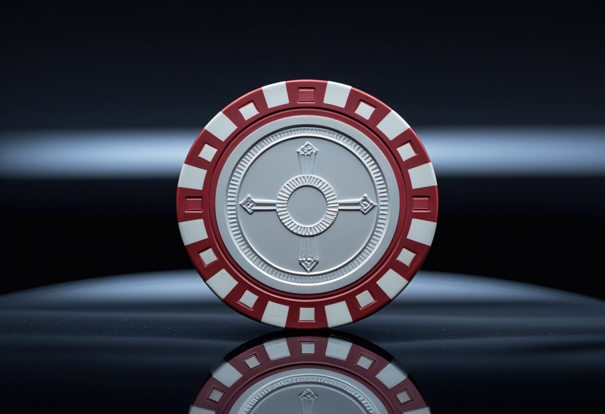 A single casino chip resting on a reflective black surface.