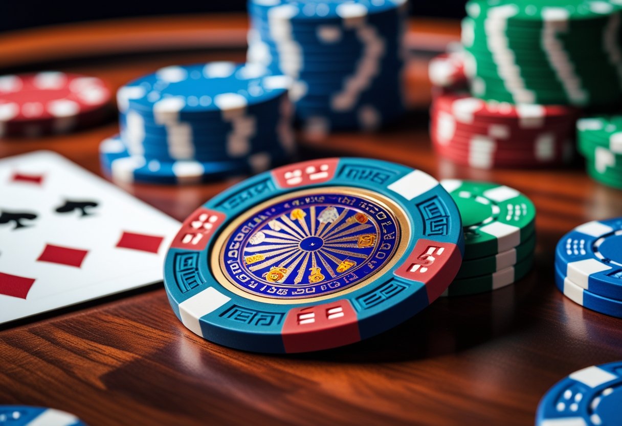 Close-up of a colorful casino chip on a wooden table with blurred playing cards and dice in the background.