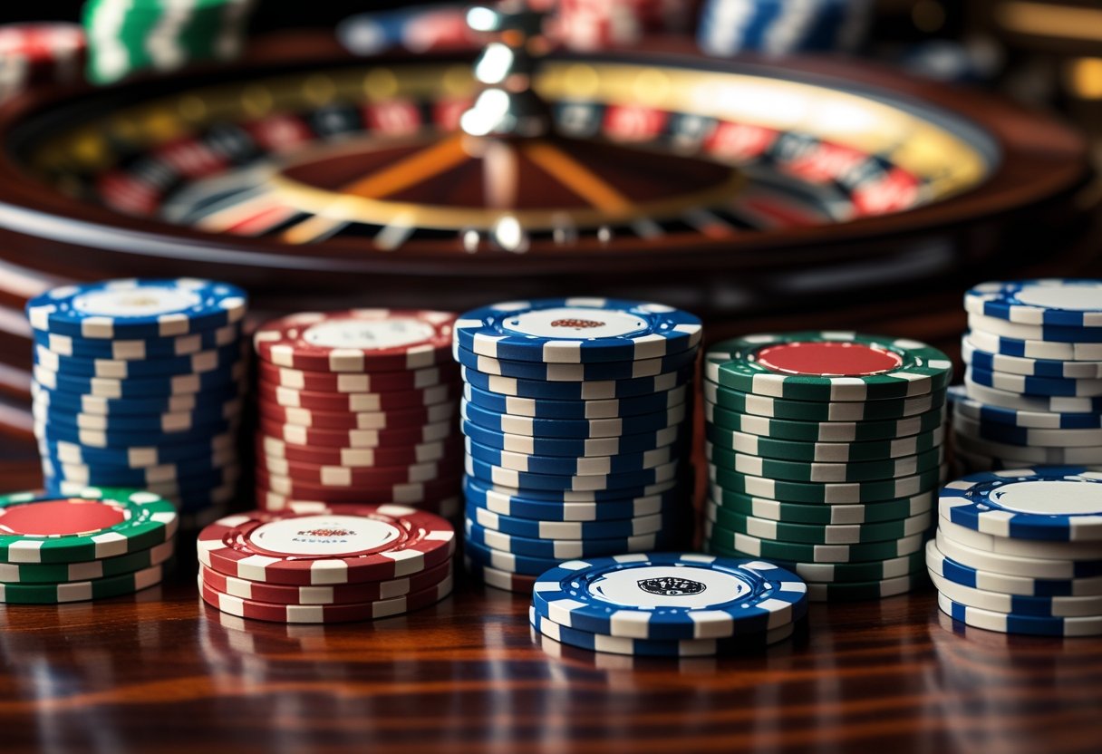 Close-up of colorful casino chips arranged on a wooden surface with a blurred roulette wheel in the background.