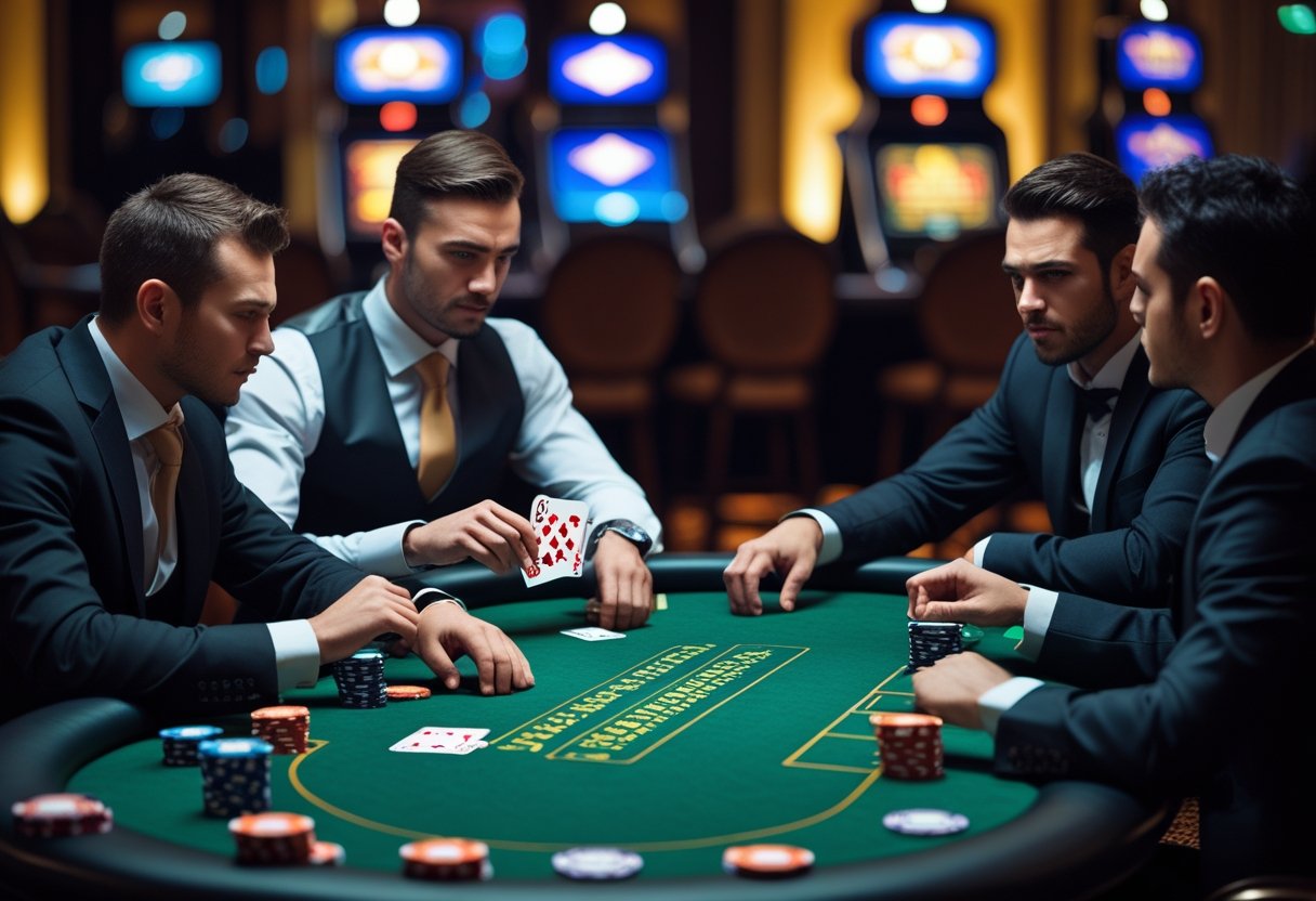 Four people playing poker at a table in a casino, one player secretly hiding a card behind his back while others watch closely.