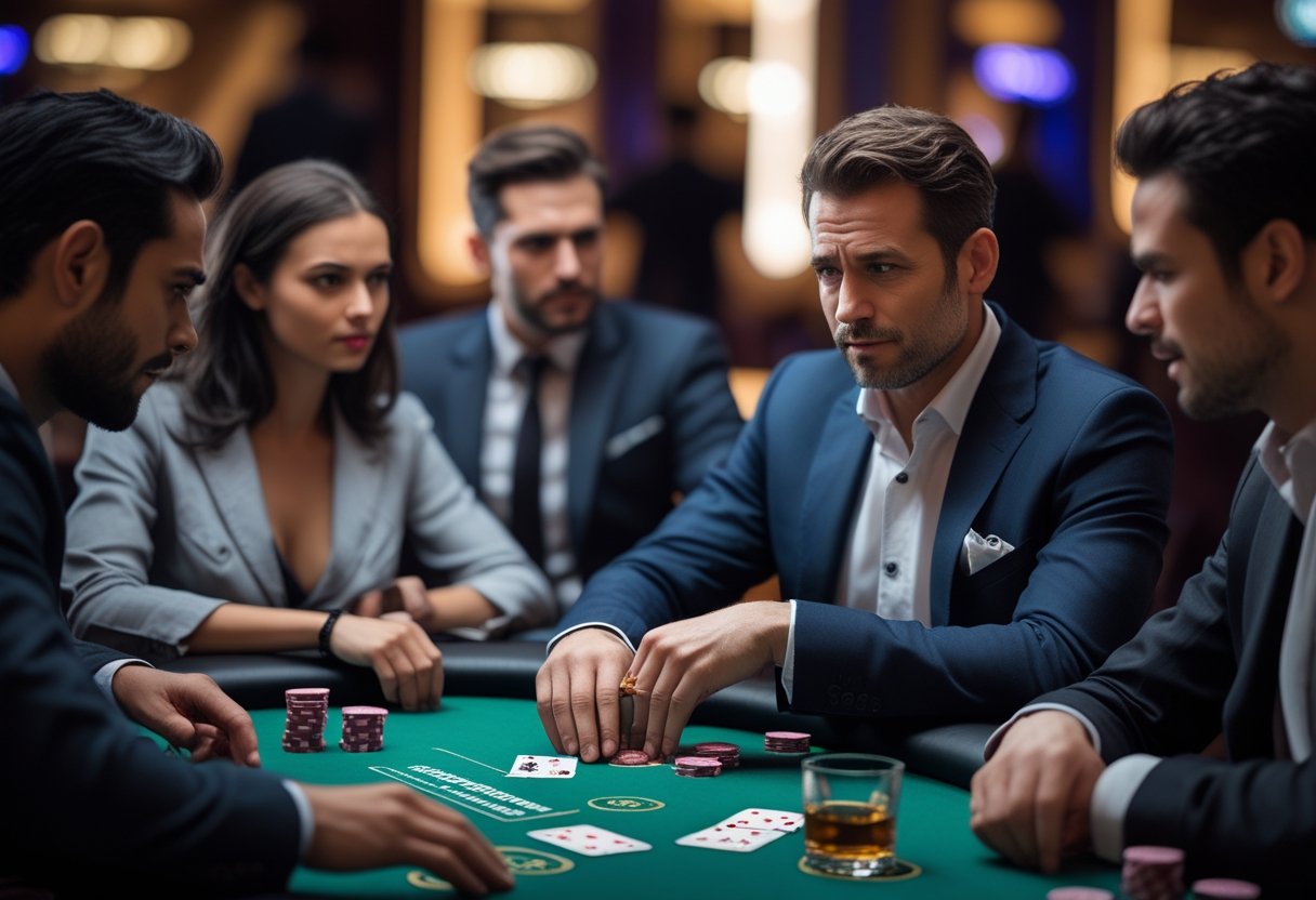 Four people playing poker around a green felt table in a casino, with one player secretly hiding a card behind his back.
