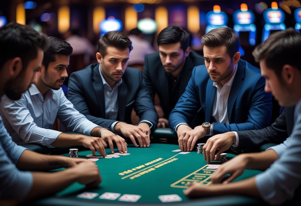 A group of poker players around a table, with some showing subtle signs of cheating during a tense game.