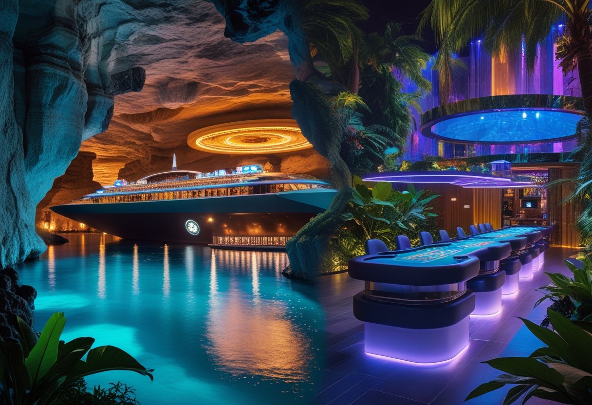 A collage showing four unusual casinos: one inside a cave, one floating on the ocean, one hidden in a jungle, and one futuristic glass building in a city at dusk.