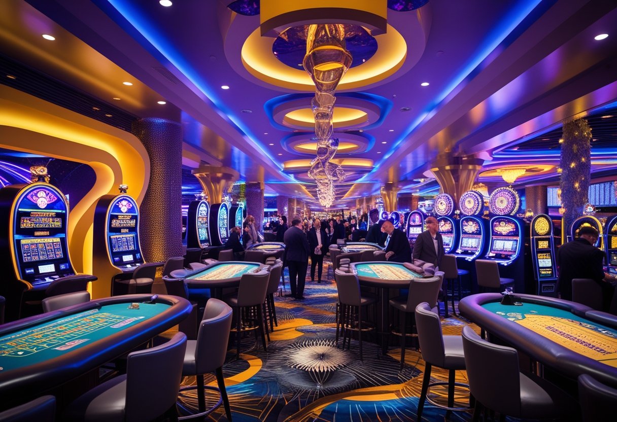 Interior of a lively casino with unique themed decorations, gaming tables, and slot machines, filled with people enjoying games.